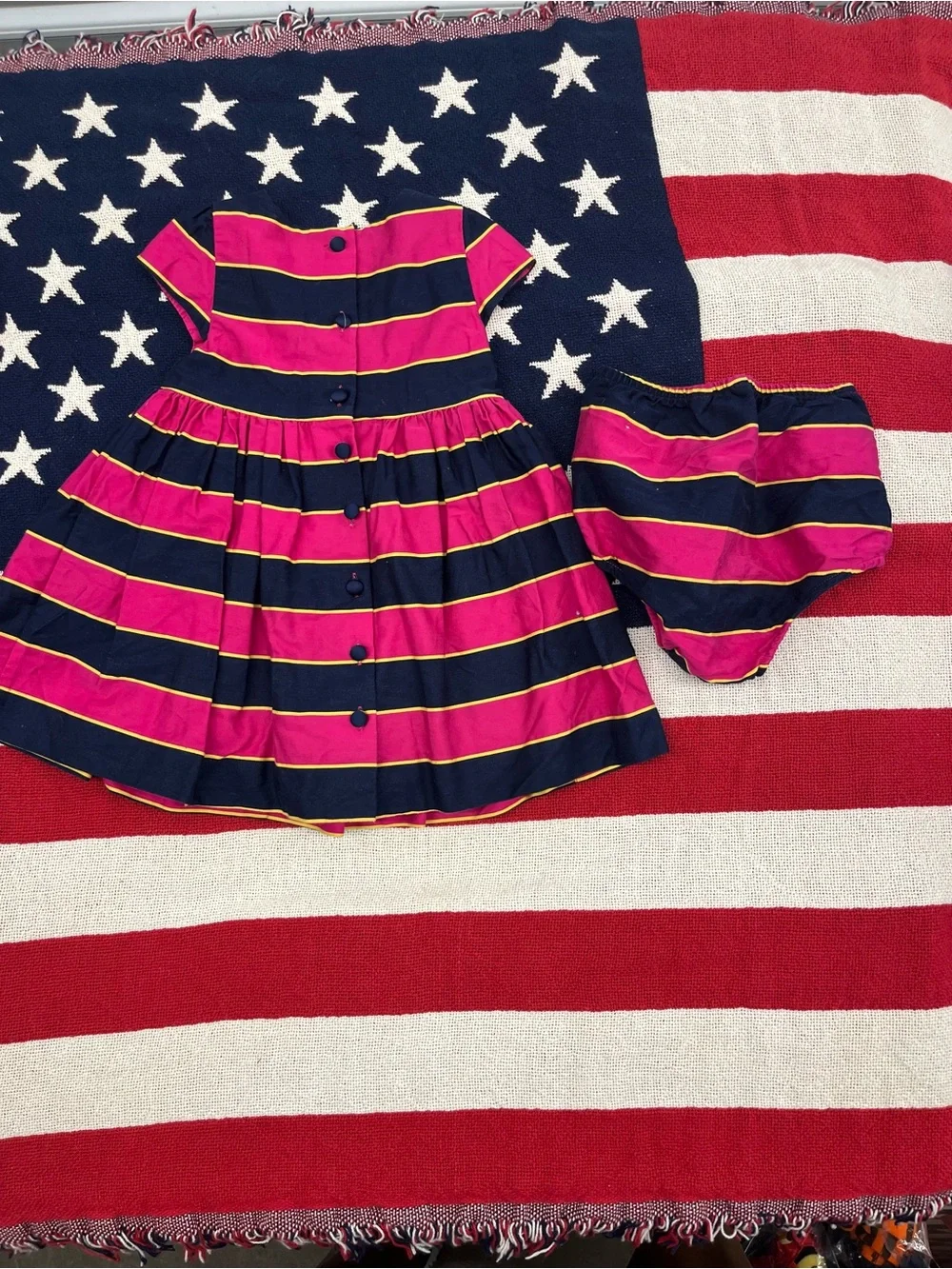 Ralph Lauren Navy Hot Pink Yellow Striped Dress with Bloomers Size 12 Month
